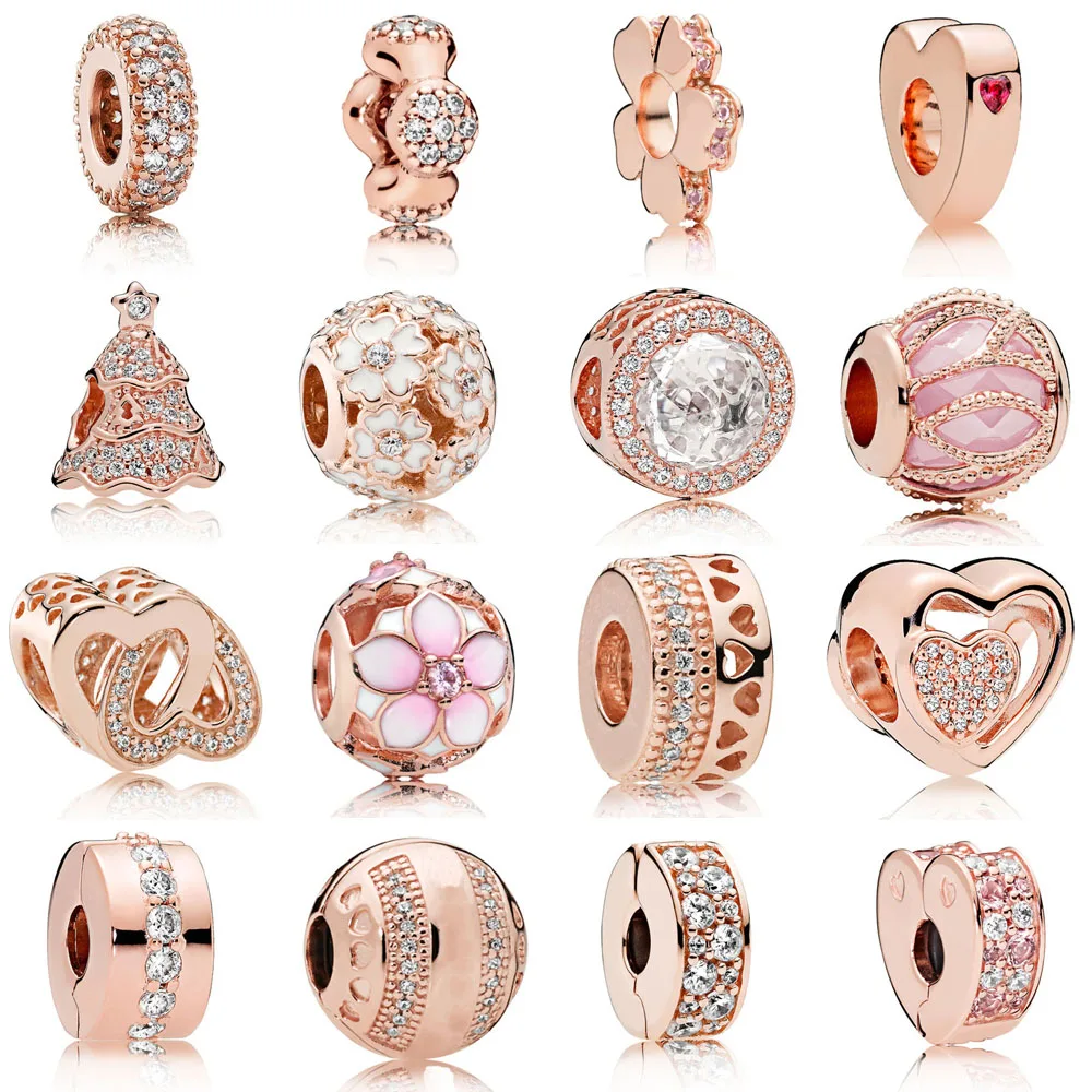 

2018 Rose Gold Series Septa Clip Heart Love Charm Fit Original Pandora Bracelet Bead 925 Sterling Silver Charm DIY Jewelry