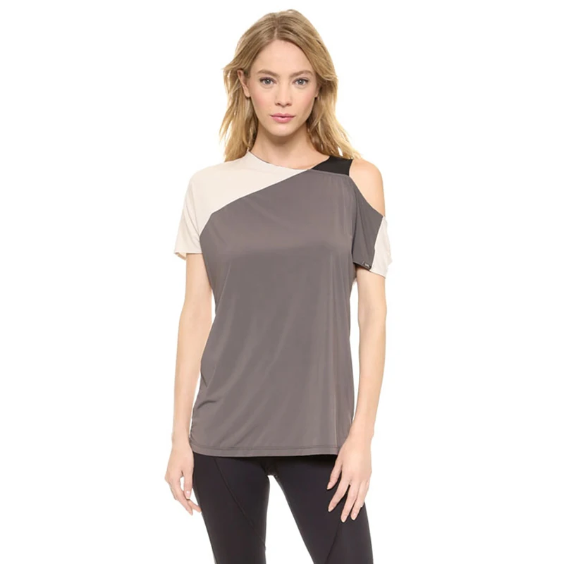 Patchwork One Shoulder Women Blouse Crew Neck Short Sleeve Tops Casual