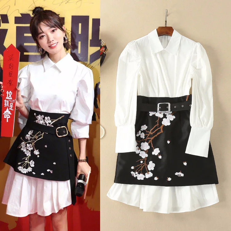 

New women's clothing in spring and summer Lapel long-sleeved white dress + embroidery two piece suit