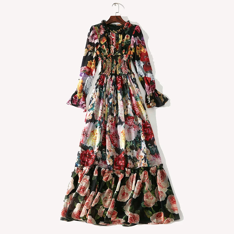 

Women Maxi Dress 2019 High Quality Ruffled Long Sleeve Printed Elegant Dresses Casual Long Dress NP0374L