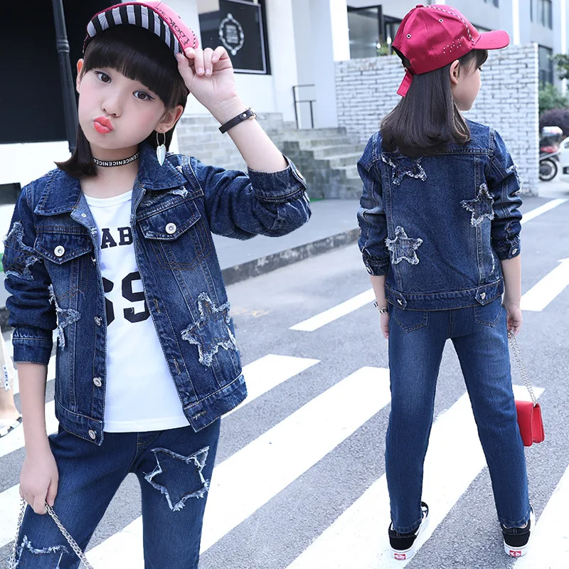 

Teen Girl Clothing Set 2018 Spring Fall Kids Tracksuit Cartoon T-shirt Denim Jacket+Jeans Outfits Boys 3 Piece Suits 10 12 Years