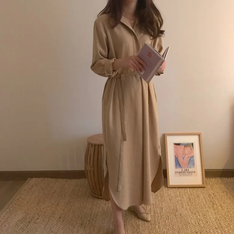

Korea Retro Simple Lazy solid color dress mori girl 2018 Summer