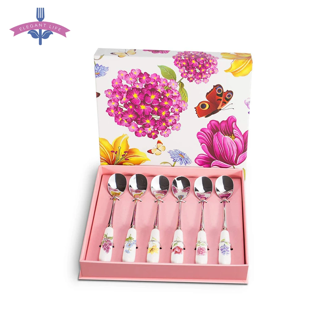 

6 PCS/Set Coffee Spoons Set Dessert Spoons Snacks Ice Cream Set Ceramic Handle Flatware Cutlery Tablespoon Kitchen with Gift Box