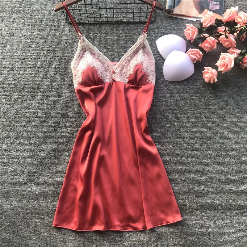 

2019 Summer Casual Nightgown Female Night Dress Sleepshirt Rayon Satin Nightwear Negligee Lace Trim Home Dressing Gown M L XL