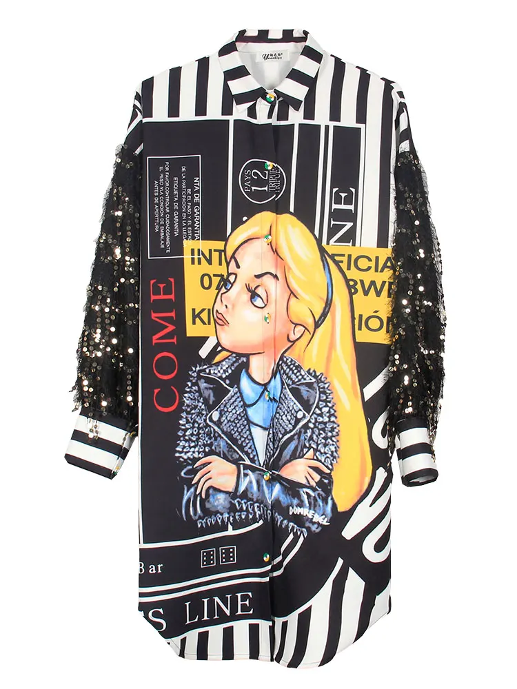 

Street Queen Fan personality sequins stitching in the long coat 2019 spring new Korean version of the loose cartoon shirt women