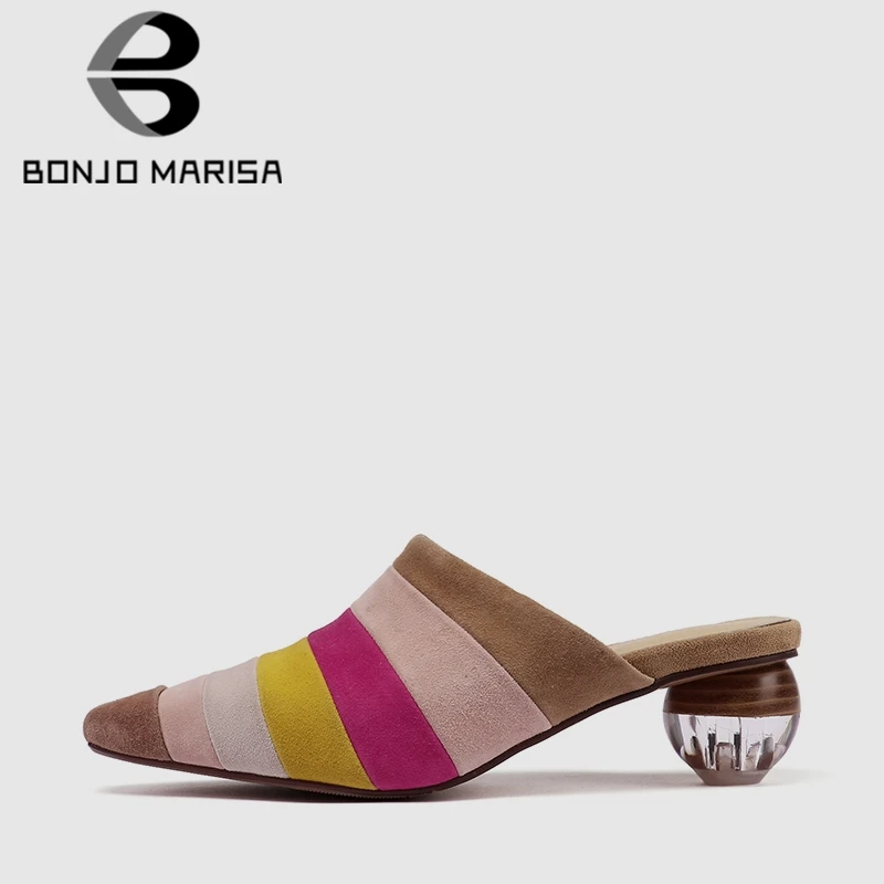 

BONJOMARISA New Elegant Western Women Summer Mules Med Heels 2019 Suede Whole Leather Shoes Woman Large Size 33-41 Slippers