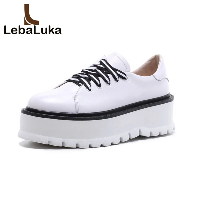 

LebaLuka Simple Women Genuine Leather Trifle Pumps Round Toe Thick Bottoms Wedges Shoes Solid Color Women Footwears Size 34-39