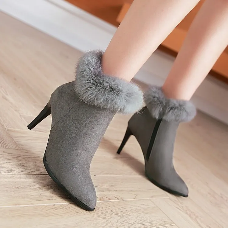 ZawsThia/зимняя теплая пикантная женская обувь ботильоны для женщин размера плюс 10,5 43 41 на высоком тонком каблуке с искусственным мехом