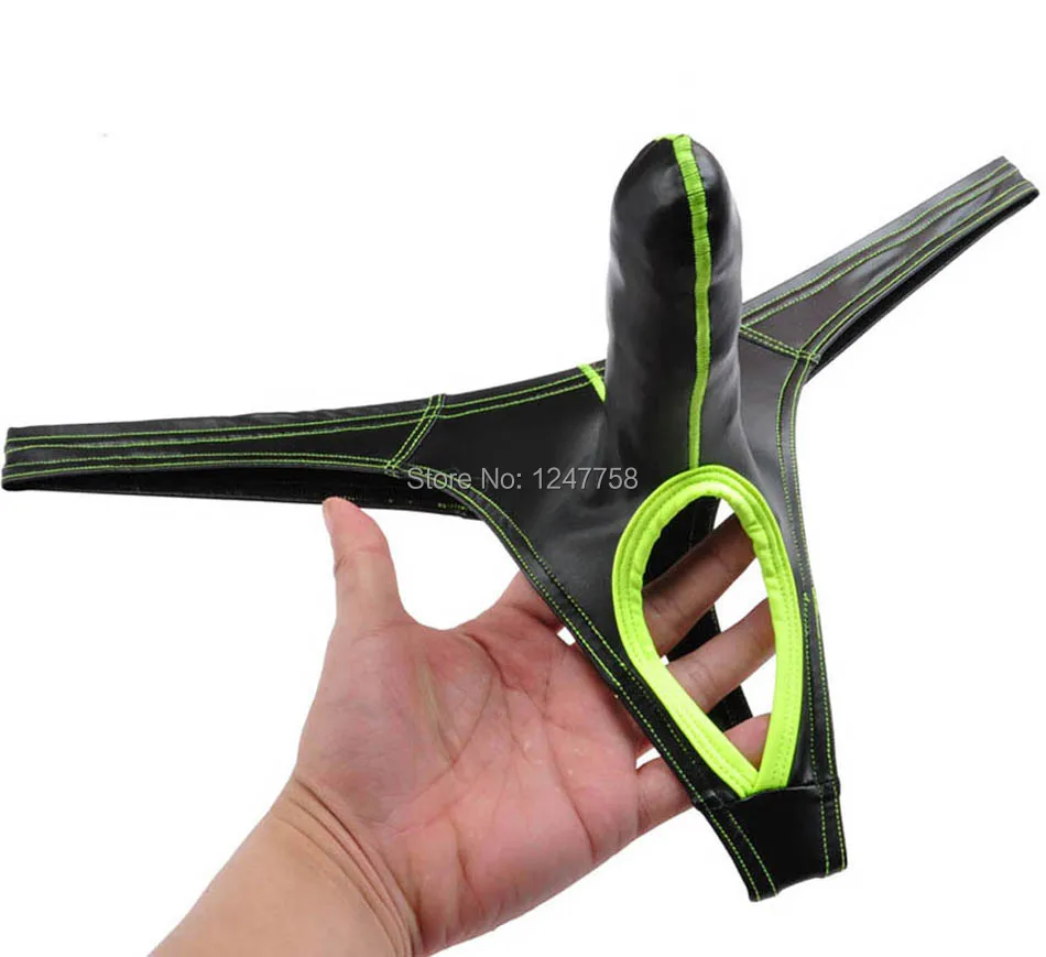 

New Men Long Pouch Thong Leather Like Nuts Out String T-back Bikini Pants Isolation Underwear