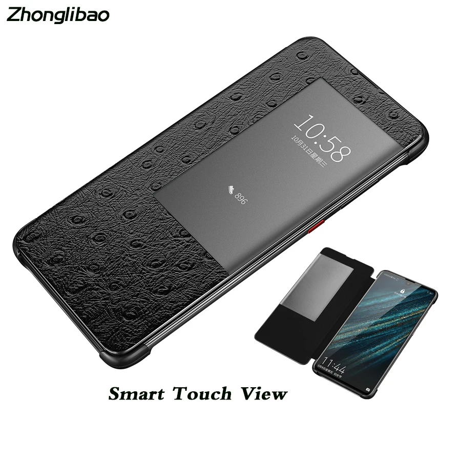 

Genuine Smart Touch View Window Flip Case for Huawei Mate 20 Pro Mate 10 Pro P20 Pro Luxury Ostrich Pattern Leather Phone Cover