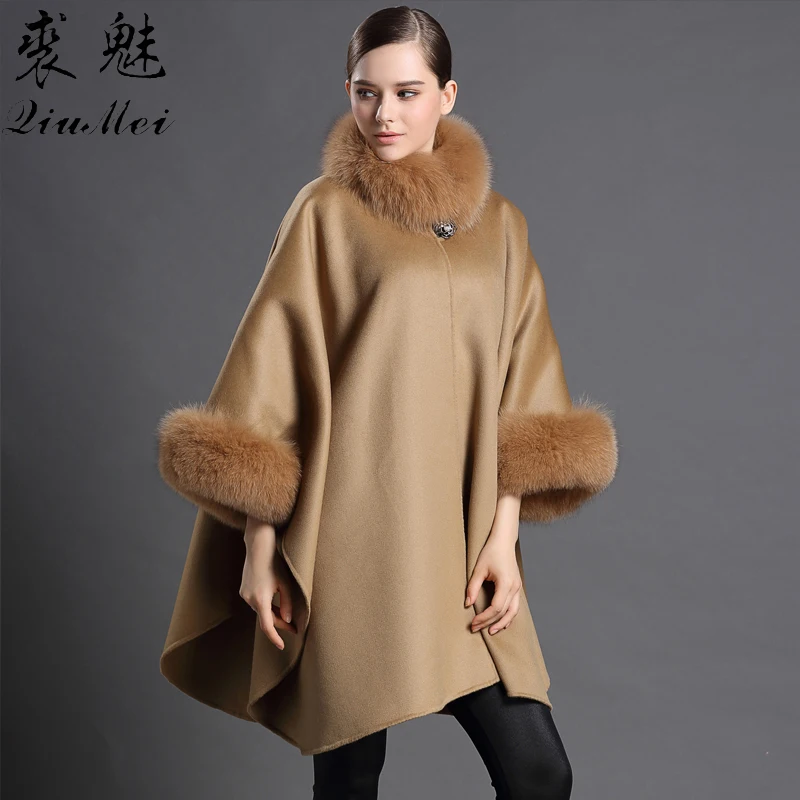 

Winter Women Wool Cashmere Coat With Genuine Natural Real Fox Fur Collar Sleeve Warm Ponchos Female Shawls Long Real Fur Coat