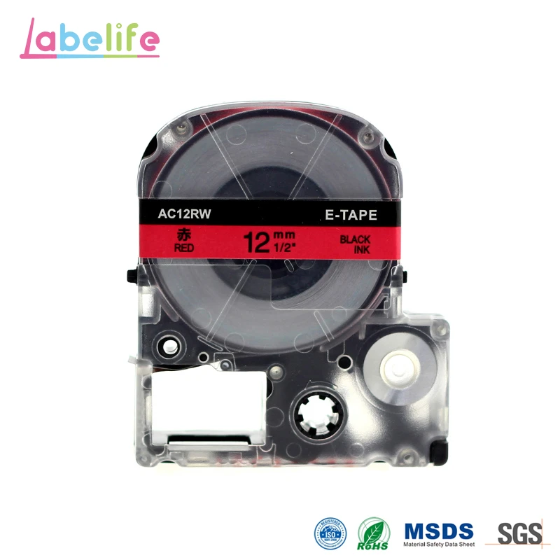 Labelife SC12R Kompatibel Epson Labelworks LW-300 Label Tape Cartridge Hitam Red Label Maker Tape Isi Ulang Cartridge 12 Mm X 8 M