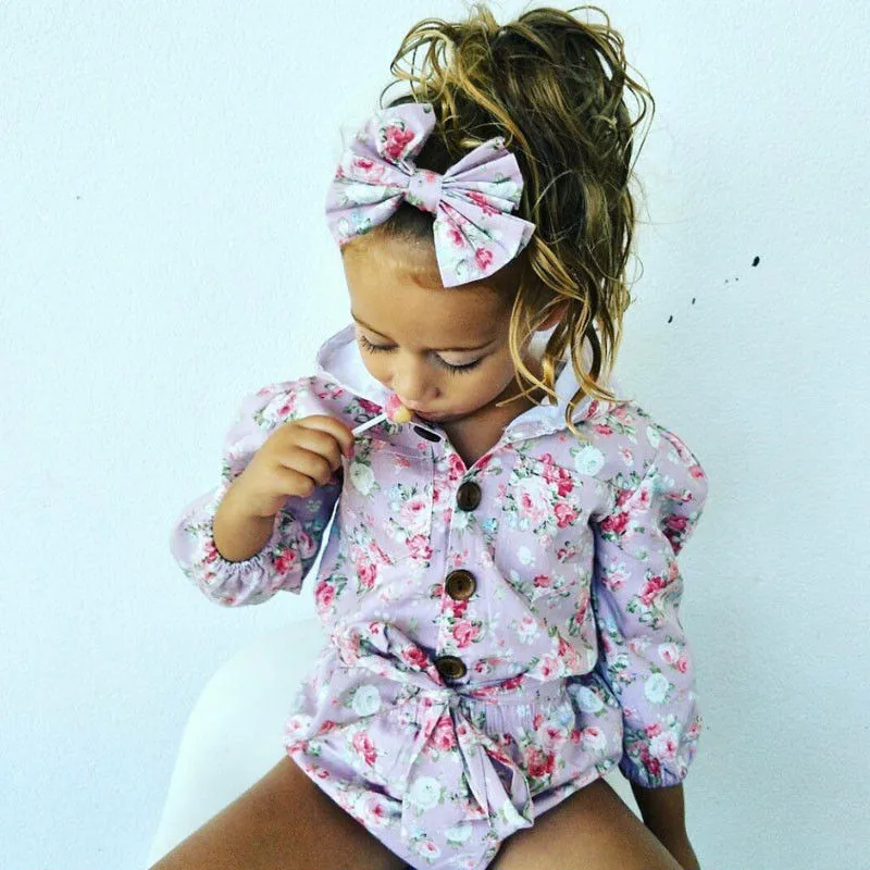 

Newborn Baby Girls clothes Button pocket turn-down collar Flower print Long Sleeve Bodysuit Bow Headband 2pc cotton kids outfit