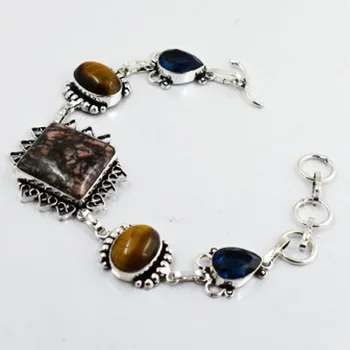 

Rhodonite & Tiger Eye & Iolite Bracelet Silver Overlay over Copper, 21cm , B2958