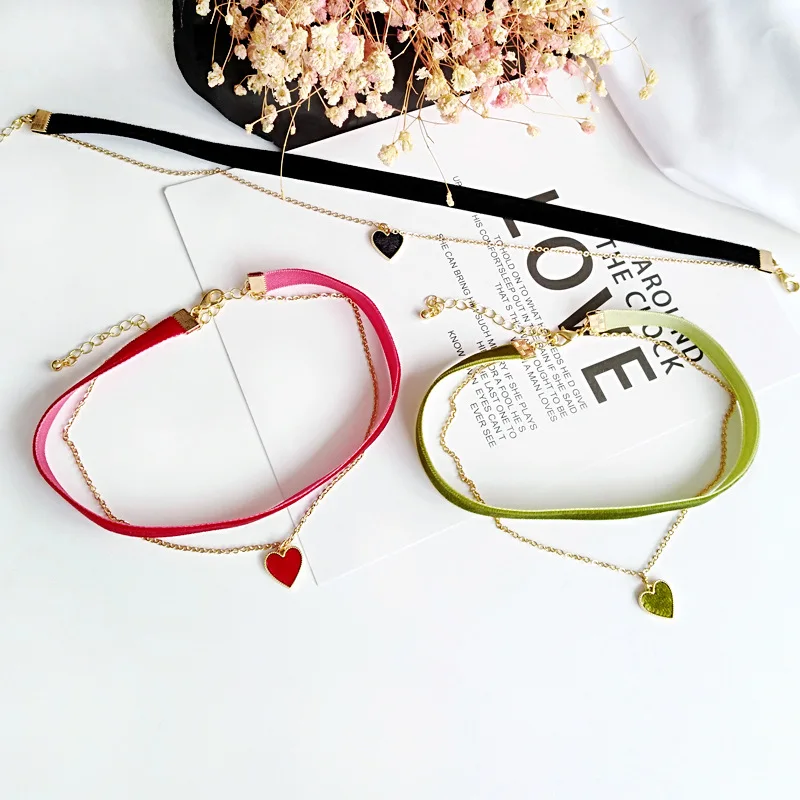 Green Black Red Korean Cute Multi Layer Heart Chains Lace Chokers Necklaces for Women Velvet Choker Necklace Bohemia - Image 5