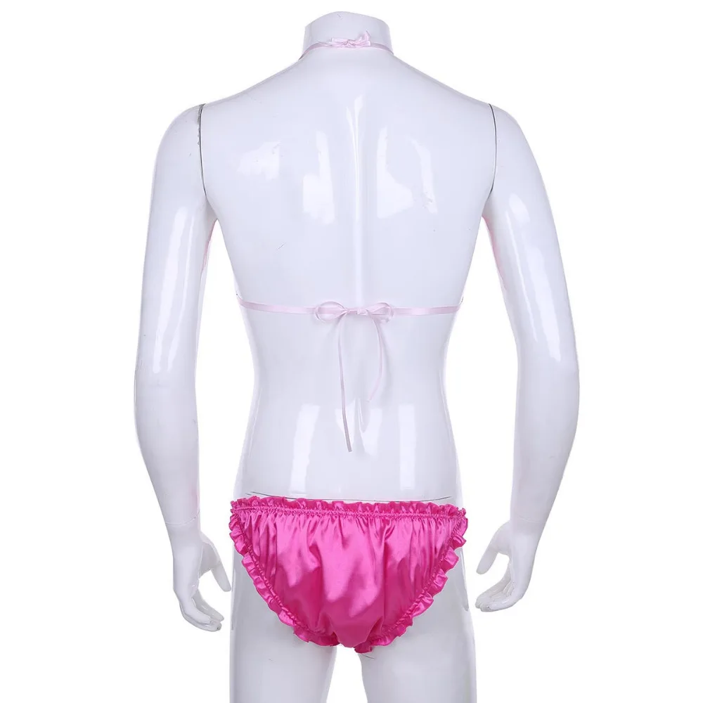 Мужское нижнее белье sissy блестящее гофрированное на бретельках с лямкой шее топ +