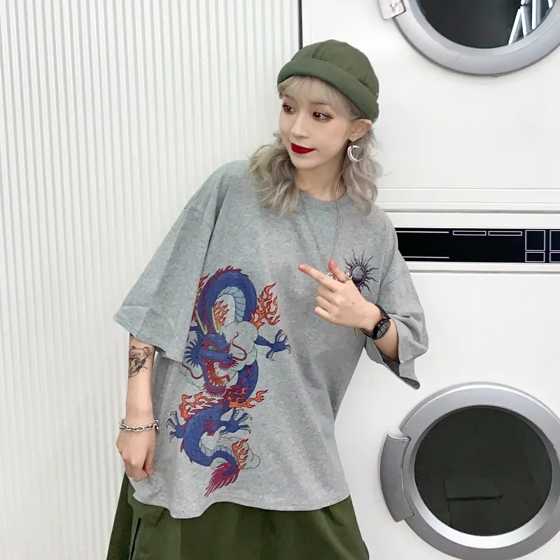 Harajuku футболка женская с принтом дракона футболка Летняя мода с круглым вырезом Свободные повседневные футболки для женщин верхняя одежда