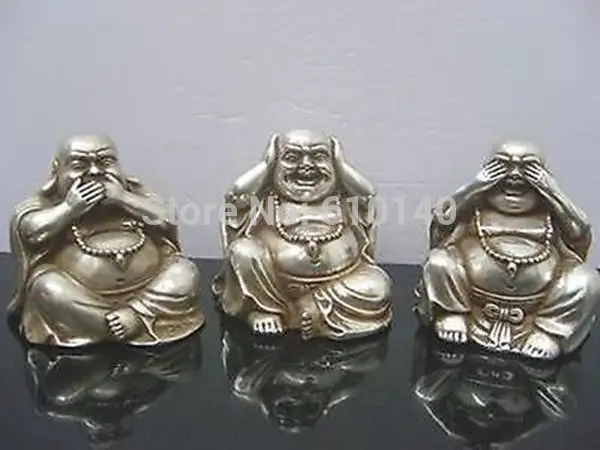 

Collectables Chinese tibet silver carved three buddha figurines happy