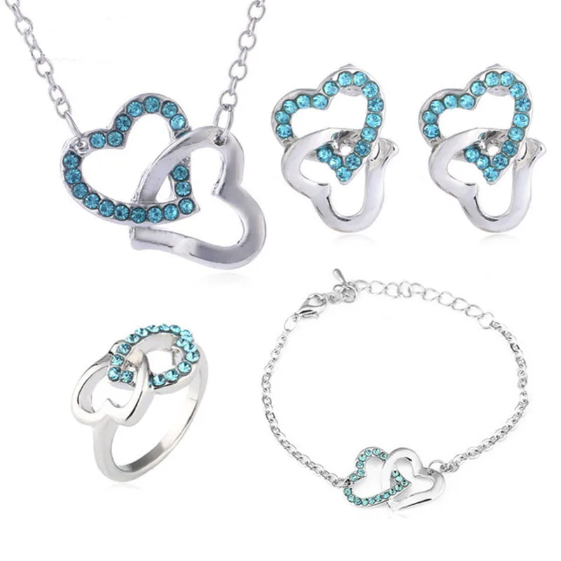 Best selling forever concentric Czech heart Necklace Earrings Ring Bracelet four-piece Women Jewelry Sets Promotional wholesale | Украшения