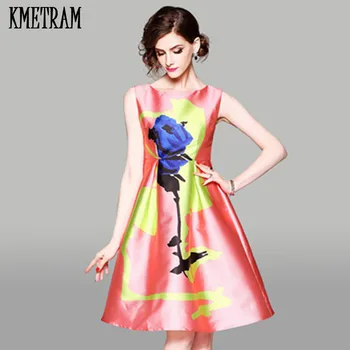 

KMETRAM 2019 New Style Floral Print Summer Dress Women Sleeveless Elegant Dress Slim Vintage Party Dresses Robe Femme HH846