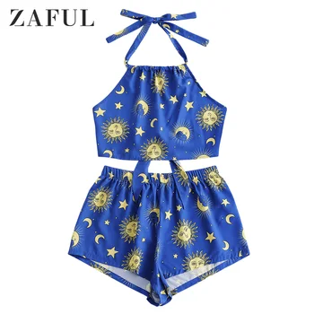 

ZAFUL Women Two Piece Set Star Moon And Sun Top And Shorts Set Printed Set Women's Suit Lace Back Set Cropped Halter Top Set