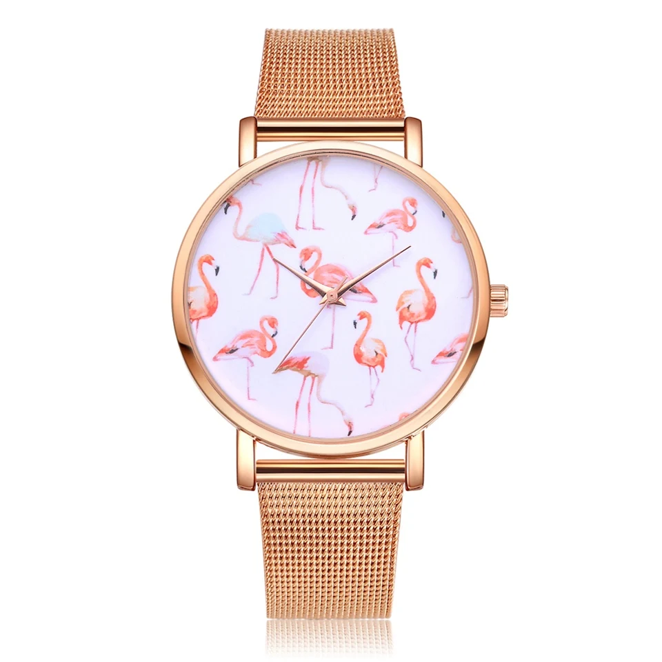 

Fashion Mesh Flamingos Gold Steel Women Dress Watches Clock Analog Ladies Luxury Band Women's Bracelet Quartz Wristwatch Reloj