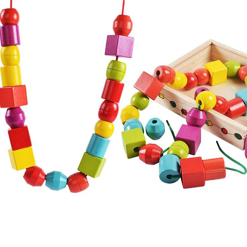 

Wooden Block Educational Toys Geometric Assembling Blocks 30Pcs String Shape Beads Sequencing Box Color Geometrical