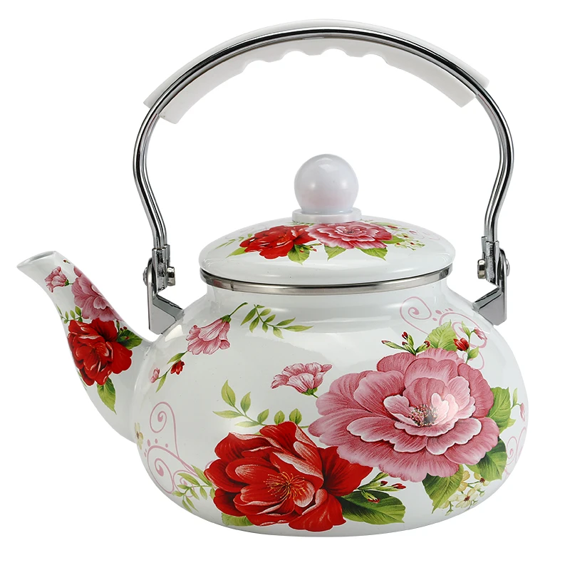 

2.0 L Enamel Water Kettle Creative Red Flower Coffee Pot with Plastic Handle for Home Kitchen