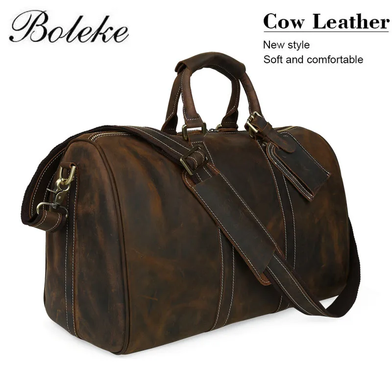 

High Quality Men Genuine Leather Travel Bag Crazy Horse Leather Messenger Shoulder Bag Male Vintage Casual Travel Duffle X015