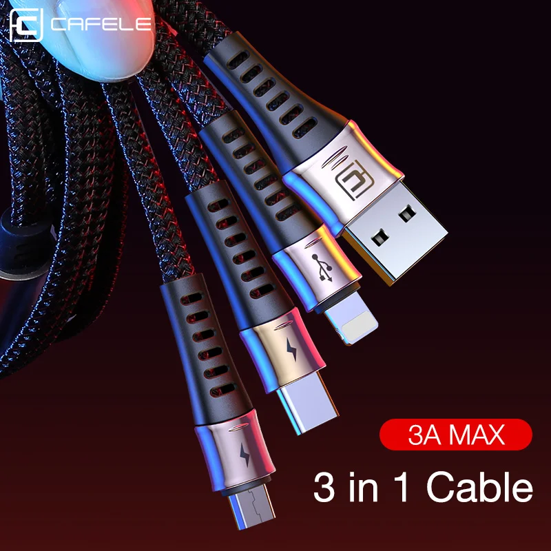 USB кабель Cafele для iPhone Micro Type C 3A быстрой зарядки Huawei Xiaomi Samsung из цинкового