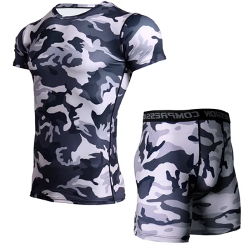 

Camouflage Fitness T-shirt Men Compression Set Bodybuilding T-shirt Short Leggings Quick Dry Rashguard Fitness Tops Gyms Clothes