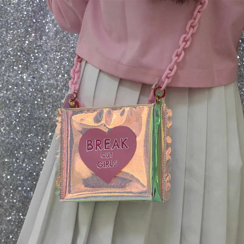 

Transparent Bag Female Shoulder Bag Laser Women Flap Heart Printing Cute Chain Women Messenger Bags A6553