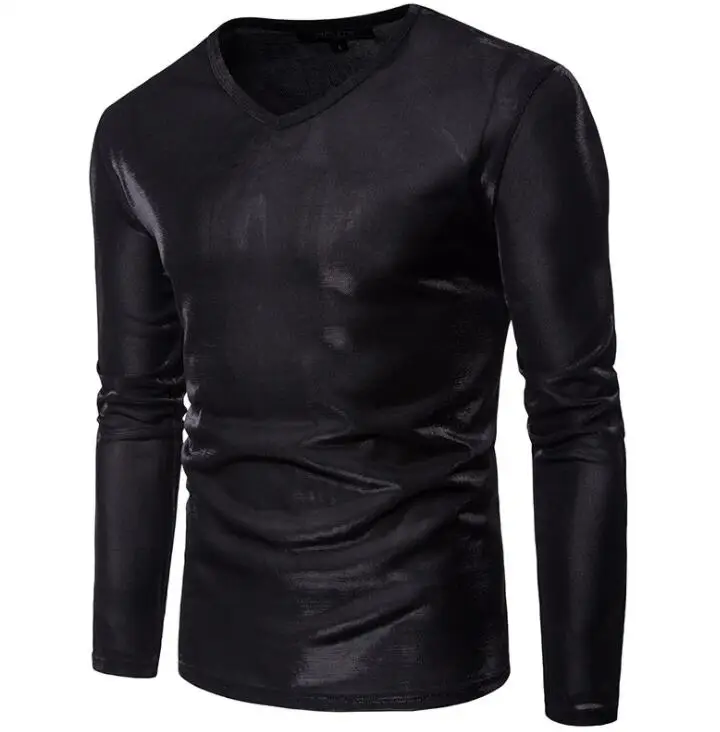 Черные повседневные мужские футболки, Футболка camisa masculina, подростковая мода, тонкие сексуальные глянцевые футболки, мужские футболки с длинными рукавами