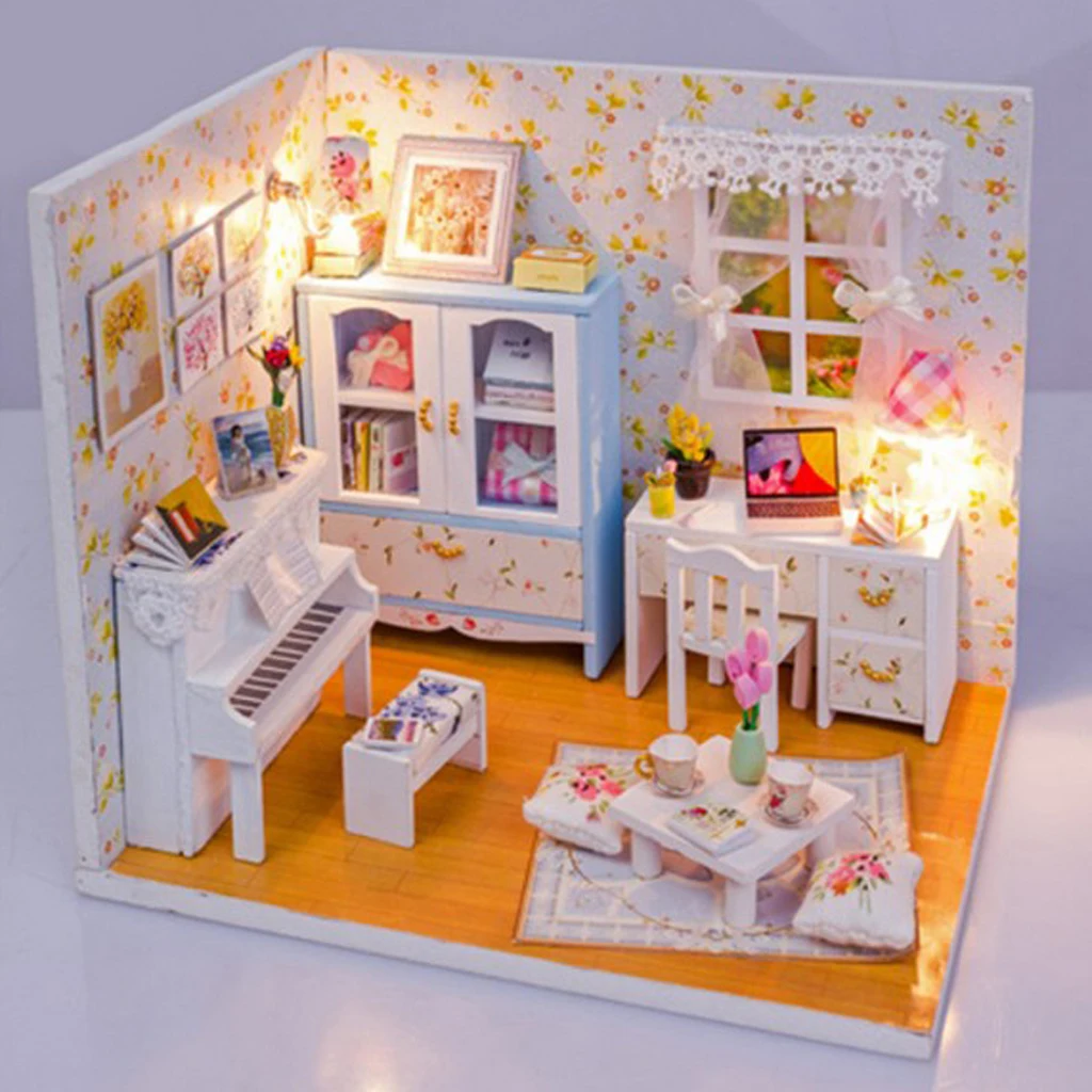 Cute DIY Wooden Dollhouse Miniature Apartment Room House Model LED Light Furniture Kits Birthday Wedding Gifts