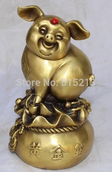 

bi001251 6" Chinese Lucky Bronze Wealth Yuanbao Animal Pig Swine On Money Bag Sculpture