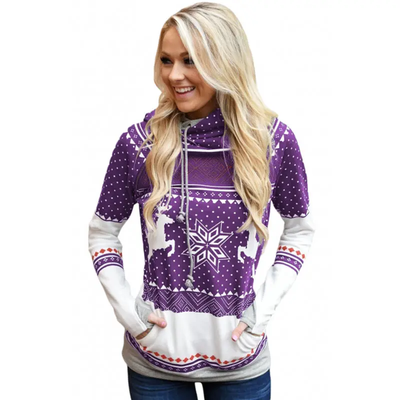 Snowflake Reindeer Print Hooded Sweater Christmas Autumn Pocket Thumb Hole Long Sleeve Double Layer Sweatshirt Women Clothes Top (4)