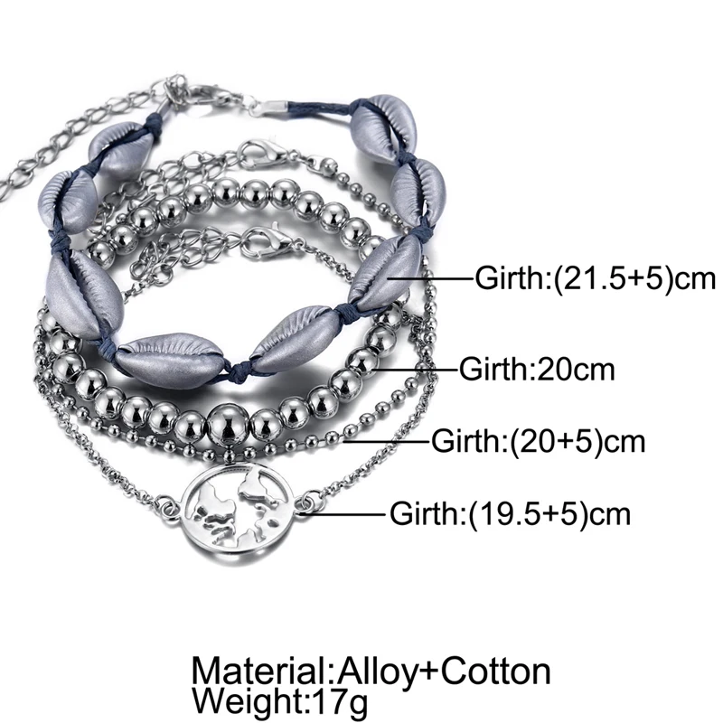 Модный серебряный 4 шт./компл. Браслет-талисман из бусинок браслет с кисточками Дамский Богемский Браслет в виде ракушки модные ювелирные изделия из жемчуга
