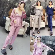 Новейший женский пижамный комплект из 3 предметов, сексуальный кружевной топ+ бархатная рубашка+ штаны, костюм, Женская пижама, атласная пижама