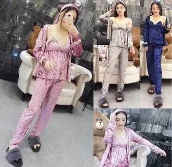 

Newest Women 3 pieces Pajama Set Sexy Lace Top+Velvet Shirt+Pant suit women's Pajamas Sleepwear Satin Pajamas