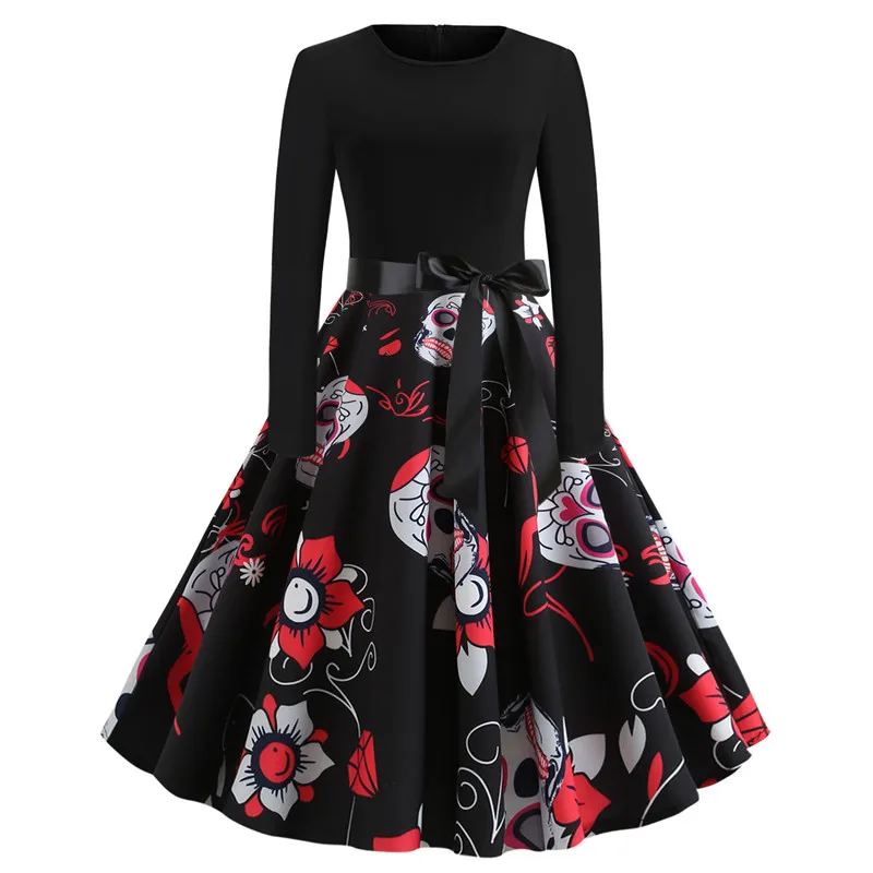

Halloween Vintage Black Dress Women Skull Print Patchwork Midi Autumn Summer Dresses Long Sleeve Elegant Party Dress Plus Size