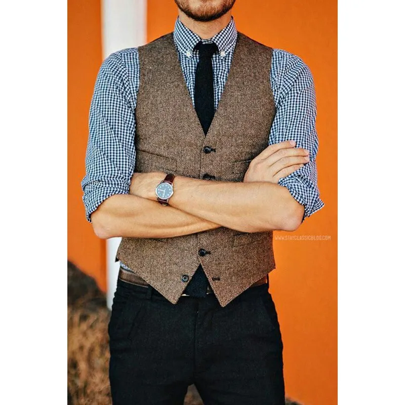 109 Vintage Formal Real Pictures Brown Tweed Vest Men Wool waistcoat Men wedding Slim Fit Vests Hot Sale Suit Vest Men Plus Size
