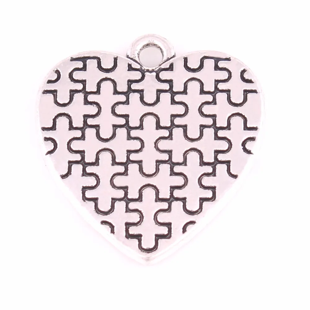 

Autism Awareness antique silver plated Heart Pendants With Holes Puzzle Piece Jigsaw Charm Autism Hope Wholesale ID Jewellery