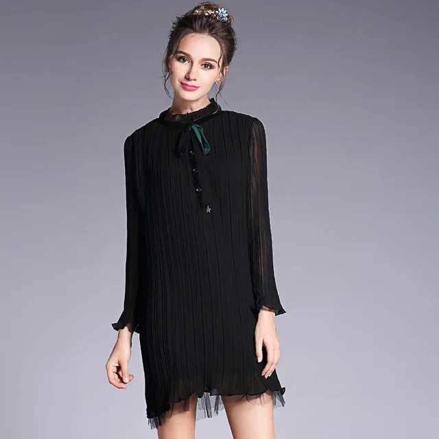 black pleated chiffon dress