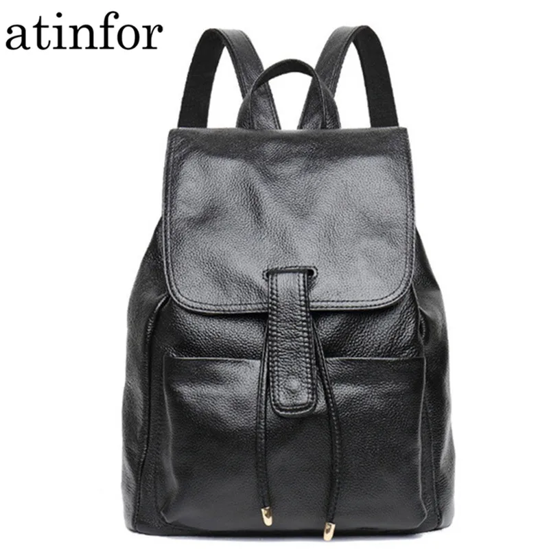 Drawstring Genuine Leather Backpack Women Black Real Cow Leathe Leather Backpack College School ...