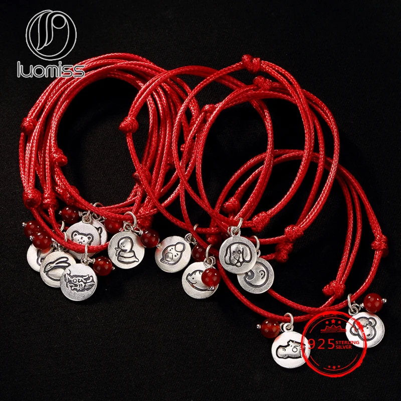 

S925 silver 12 Chinese zodiac pure silver tag onyx red rope hand chain can be adjusted wholesale.