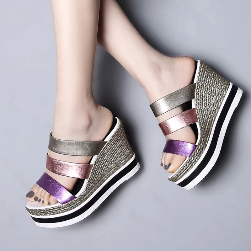 

YMECHIC 2019 Fashion Mixed Color Patent Leather Gladiator Sandals Women Wedges Platform Summer Party Wedding Shoes Plus Size 42