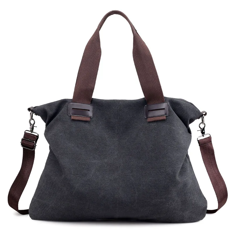 Большие карманные повседневные женские сумки через плечо, холщовые однотонные сумки на молнии для женщин - Цвет: Черный