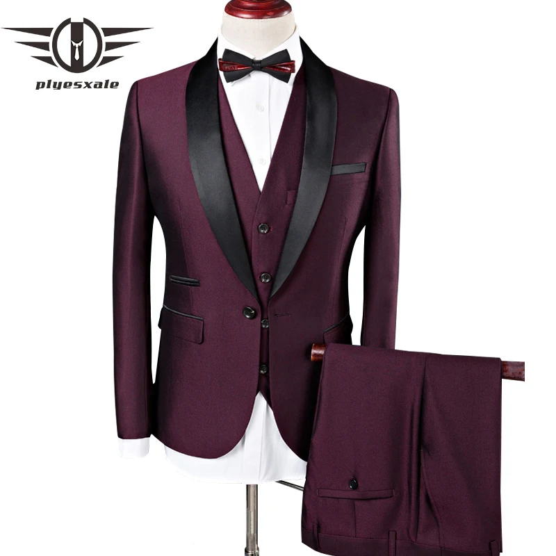 

Plyesxale Men Suit 2018 Wedding Suits For Men Shawl Collar 3 Pieces Slim Fit Burgundy Suit Mens Royal Blue Tuxedo Jacket Q83
