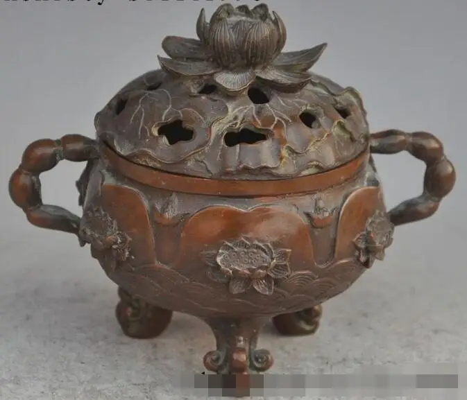 

S05681 7" chinese fengshui bronze lotus flowers leave incense burner Censer statue