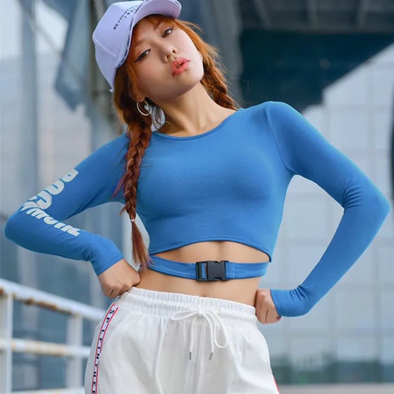 

CretKoav Sexy Waistband Bookbag Buckle Design Yoga Shirt Women Fitness Long Sleeves Workout Gym Crop Top Yoga Top Sports t-shirt